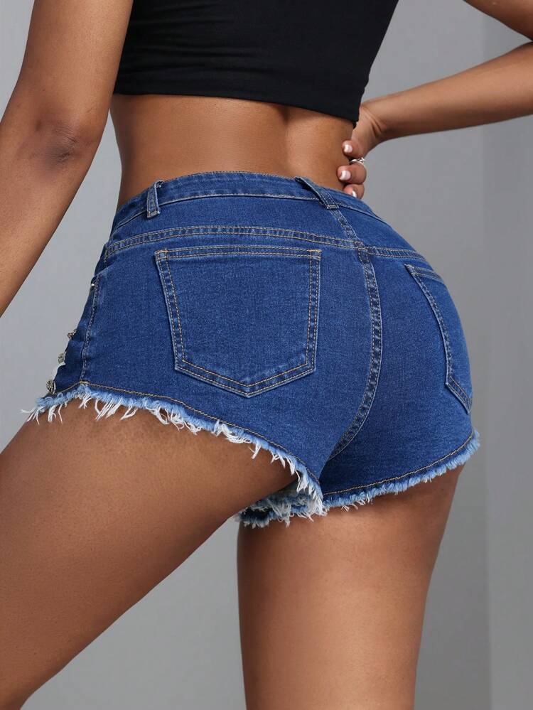 Women's Fashionable Chain Decorated Distressed Denim Shorts