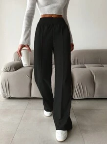 SHEIN PETITE Petite Women Plain Minimal Casual Sweatpants - Black - View 3