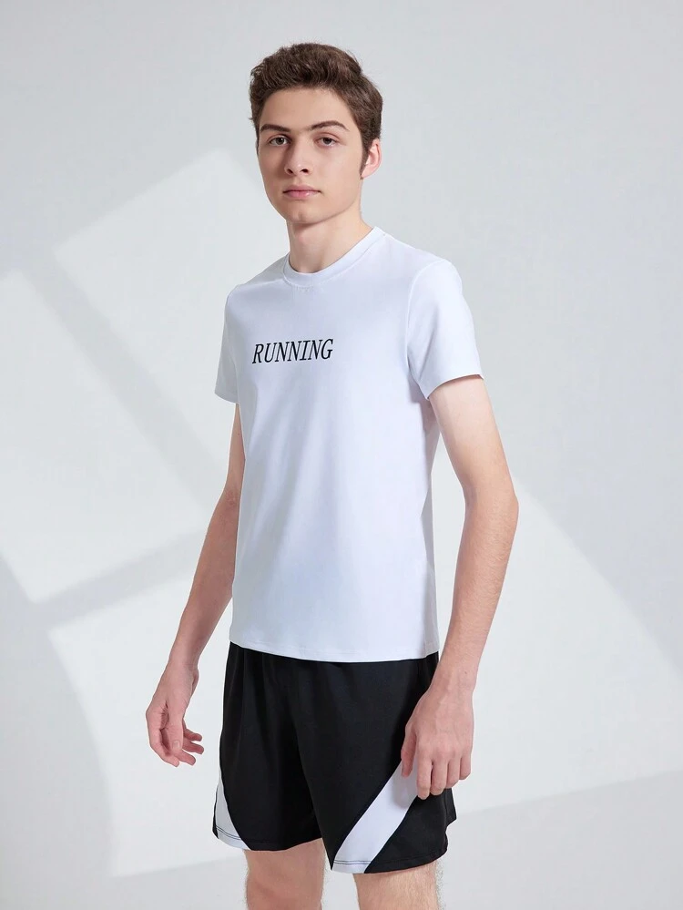 Teen Boy Round Neck Letter Printed Short Sleeve Top And Solid Color Shorts Summer Sportswear