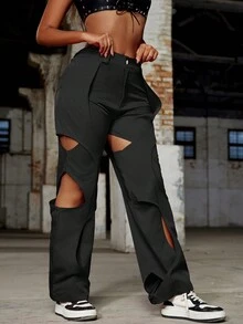 Pantalones cargo de dos tonos con recortes de estilo rave - Negro - Ver 6