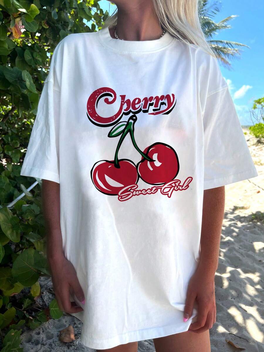 SHEIN EZwear Women's Plus Size Cherry Graphic Print T-Shirt, Casual Loose Pullover Tee Suitable For Summer, Plus Size - White - View 1