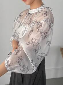 FRIFUL Women Fashion Flower Print Mid Sleeve Shirt Sheer - White - View 7