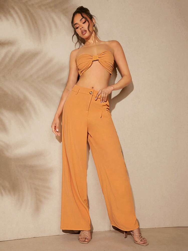 Boho Two-Piece Bow Top And Wide-Leg Pants Set