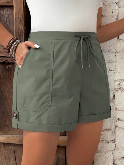 Calvaya Plus Size Solid Color Simple Drawstring Casual Shorts For Daily Wear