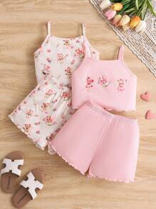 SHEIN 年輕女孩4件套可愛甜美的仙女圖案背心和短褲家居睡衣組，夏季款 - 彩色 - 查看 1