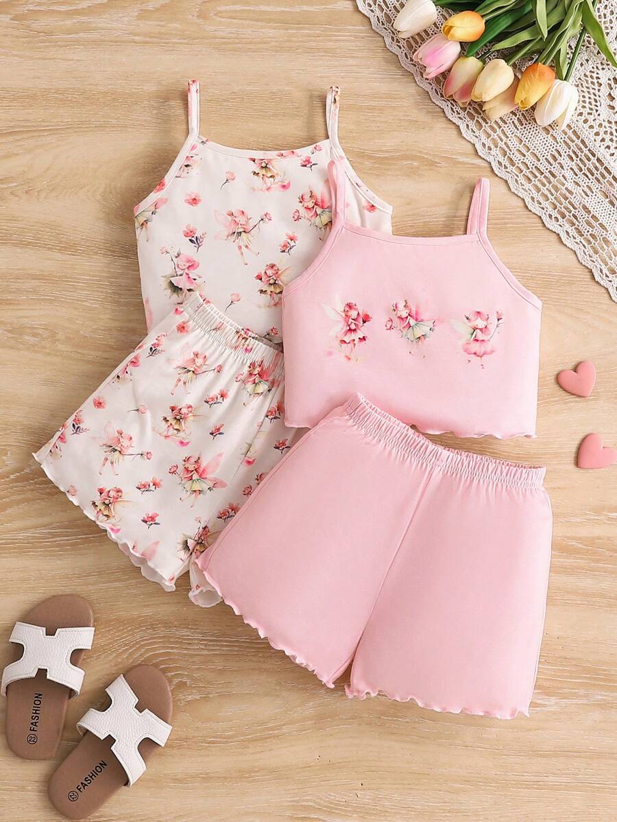 SHEIN 年輕女孩4件套可愛甜美的仙女圖案背心和短褲家居睡衣組，夏季款 - 彩色 - 查看 1