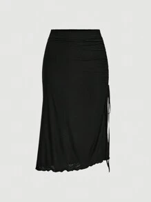 SHEIN Privé Plus Size Nữ Thanh Lịch Có Dây Rút Bên Hông Màu Đen Slim Fit Sheer Váy Lưới - màu đen - Xem 1