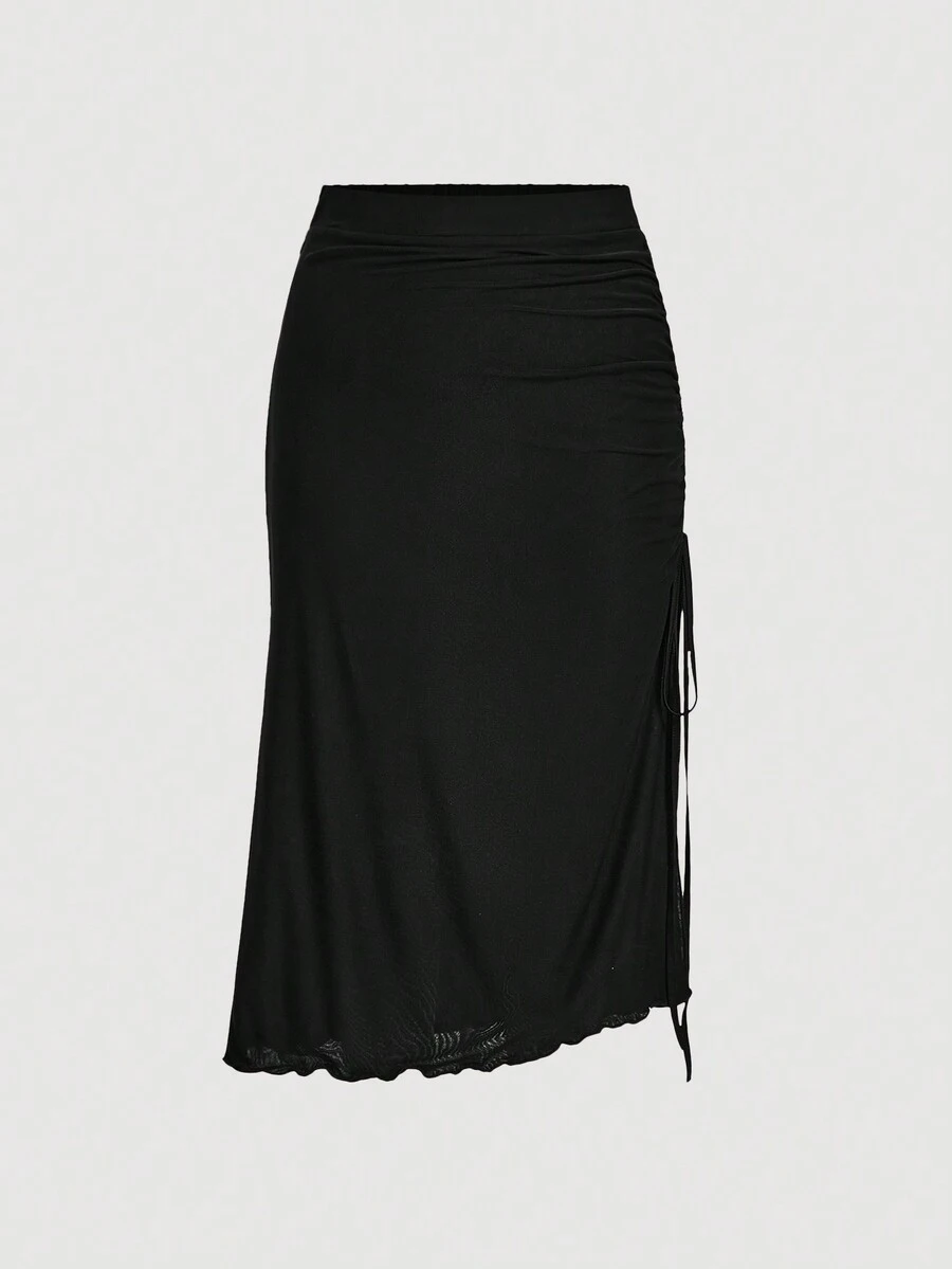 SHEIN Privé Plus Size Nữ Thanh Lịch Có Dây Rút Bên Hông Màu Đen Slim Fit Sheer Váy Lưới - màu đen - Xem 1