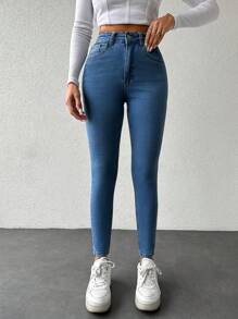 SHEIN PETITE 女式斜口袋修身牛仔褲 - 藍色 - 查看 1