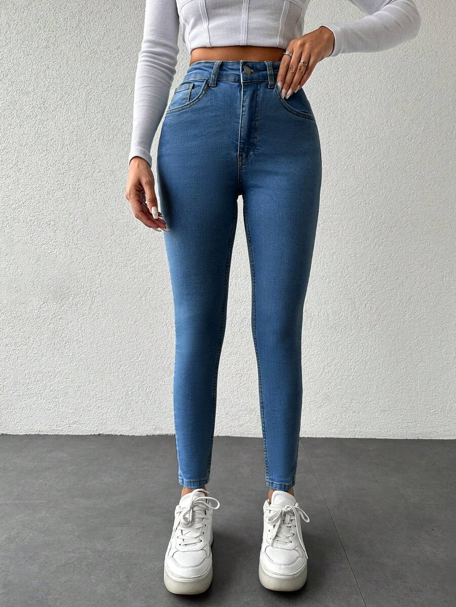 SHEIN PETITE 女式斜口袋修身牛仔褲 - 藍色 - 查看 1
