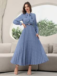 Modelyn 长袖百褶连衣裙，全身印花领口，超长款女士晚礼服，秋季女士服装 - 藍色 - 查看 6