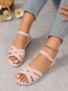 Giày sandal đế bằng quai chéo màu trơn kaki/hồng/beige thời trang dành cho nữ cỡ lớn, thích hợp cho trang phục thường ngày, đi nghỉ mát, đi biển và trang phục mùa hè. - Bụi hồng - Xem 3