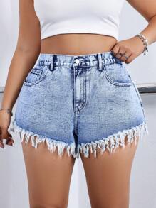 SHEIN EZwear Plus Size Summer Casual Water Wash Frayed Hem Mini Denim Shorts - Light Wash - View 2