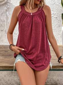 SHEIN LUNE Top de verano sin mangas y cuello en U plisado rojo para mujer - Burdeos - Ver 6