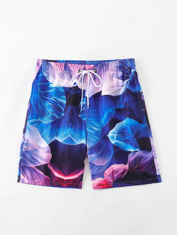 Men's Flower Printed Beach Shorts With Drawstring Waist, Perfect For Vacation