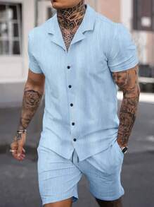 Manfinity Homme Men Plus Size Solid Color Short Sleeve Shirt And Shorts Set - Blue - View 1
