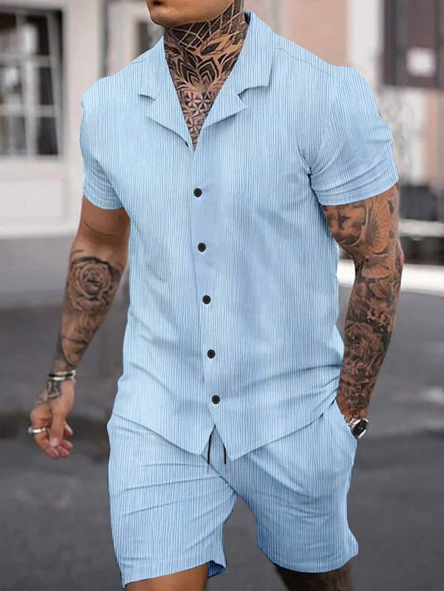 Manfinity Homme Men Plus Size Solid Color Short Sleeve Shirt And Shorts Set - Blue - View 1