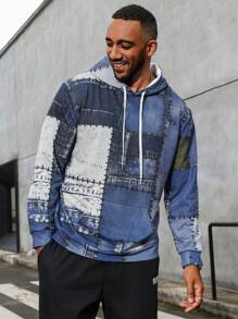 Manfinity Homme Men Plus Size Casual Hooded Pullover With Patchwork And Printed Design For Summer - Multicolor - View 4