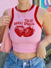INAWLY 女士简约草莓印花露肩上衣 YOU'RE BERRY SPECIAL - 粉色 - 查看 1