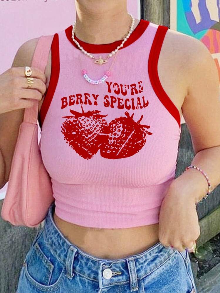 INAWLY Women's Simple Strawberry Printed Open Shoulder Top YOU'RE BERRY SPECIAL - Pink - View 1