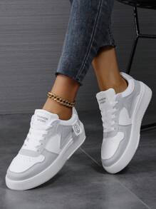 2025秋冬新款女士系带休闲鞋、运动鞋、白色鞋、女鞋、滑板鞋、轻便街头滑板鞋、女士运动鞋 - 灰色 - 查看 7