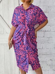 SHEIN CURVE+ Plus Size Women's Summer Batwing Sleeve Allover Print Waist Tied Casual Dress
