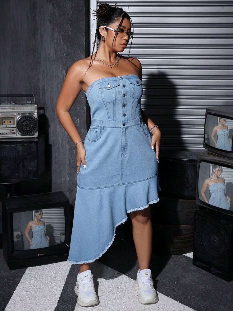 Plus Size Denim Strapless Dress