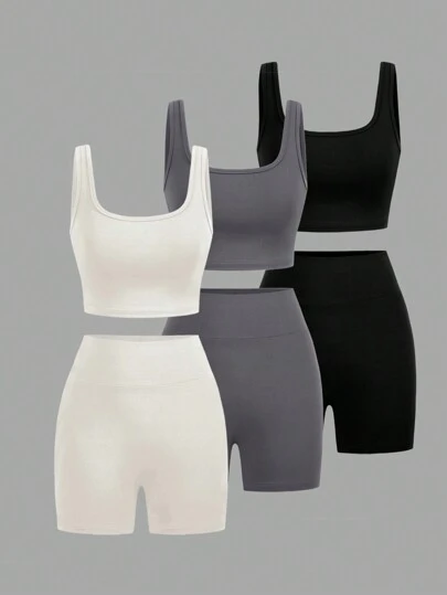 SHEIN EZwear Women's Sports Set, 3pcs, Including  Round-Neck Vest And Shorts