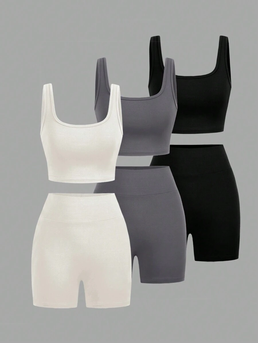 SHEIN EZwear Women's Sports Set, 3pcs, Including  Round-Neck Vest And Shorts