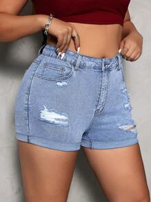SHEIN EZwear 大尺碼純色簡約日常風格破洞牛仔短褲 - 淺色水洗藍 - 查看 6