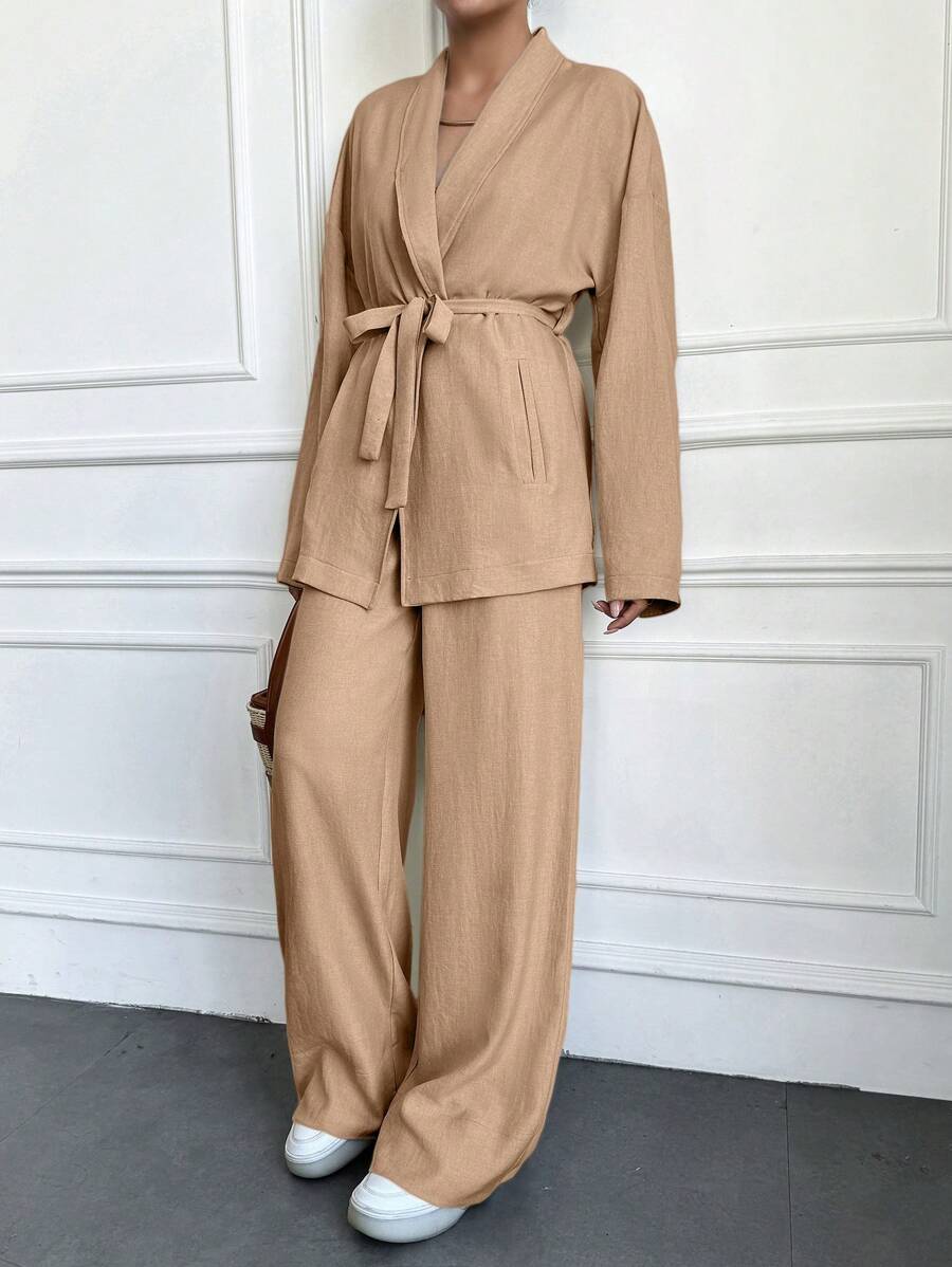 SHEIN Cottnline Beige Two Pieces Sets - Mocha Brown - View 1
