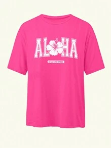 INAWLY Áo thun in họa tiết hoa dâm bụt Hawaii mùa hè bãi biển / Áo phông in hình áo thun nữ - Màu Hồng Tươi - Xem 3