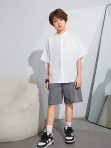 SHEIN Leap Crew Áo len cardigan dáng rộng phong cách Hàn Quốc giản dị dành cho bé trai Tween với thiết kế hở mặt trước, quần short và cổ áo sơ mi ngắn tay, dệt, 3 chiếc - Xám - Xem 3