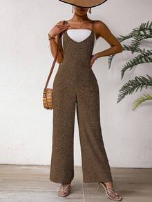 SHEIN LUNE Damski letni kombinezon w panterkę, na co dzień z paskiem typu spaghetti - Kolor khaki - Zobacz 4