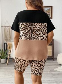 SHEIN LUNE 大码女式时尚豹纹图案短袖和短裤套装（夏季） - 彩色 - 查看 2
