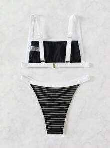 SHEIN Swim 女士性感条纹比基尼套装，适合度假夏季