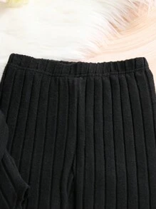 SHEIN Conjunto de duas peças de blusa e calça assimétricas com capuz e nervuras de malha para meninas pré-adolescentes