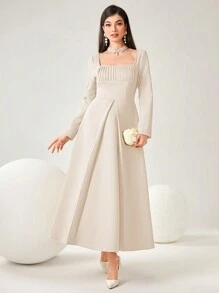 Modelyn 女式时尚纯色长袖阿拉伯连衣裙 - 米色 - 查看 5