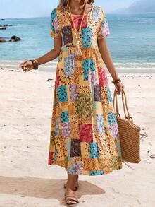 EMERY ROSE Women's Vacation Casual Patchwork Printed Batwing Sleeve Dress With Cinched Waist - Multicolor - View 4