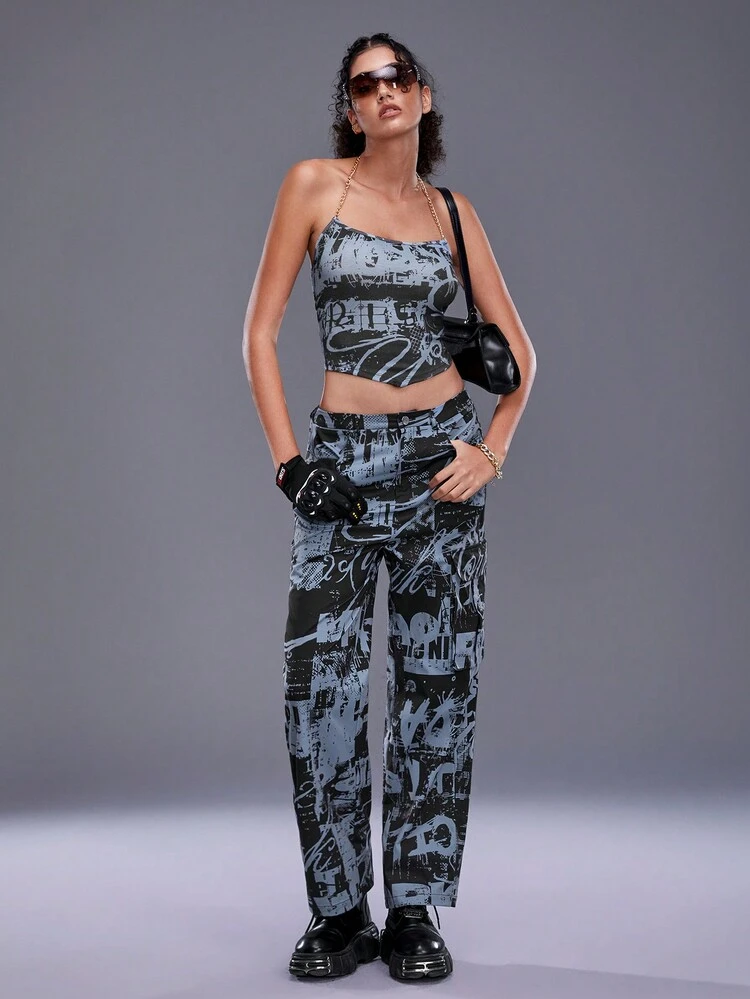 Artist Y2K Casual Loose Fit Ladies' Pants With Letter Print And Pockets, For Summer, Holiday, Vacation, Festival