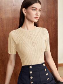 BizChic Women's Solid Color Round Neck Single-Breasted Casual Short Sleeve Knit Top, Summer - Khaki - View 3