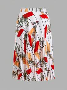 SHEIN Clasi 大尺碼幾何印花彈性腰假日風格百褶裙 - 彩色 - 查看 2