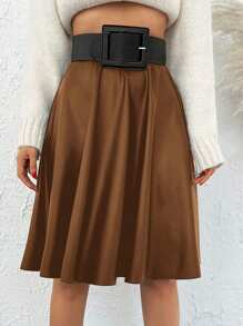 Solid High Waist Flare Skirt - Brown - View 5