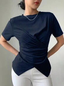 DAZY 夏季休閒純色交叉包裝短袖T恤 - 藏蓝色 - 查看 8