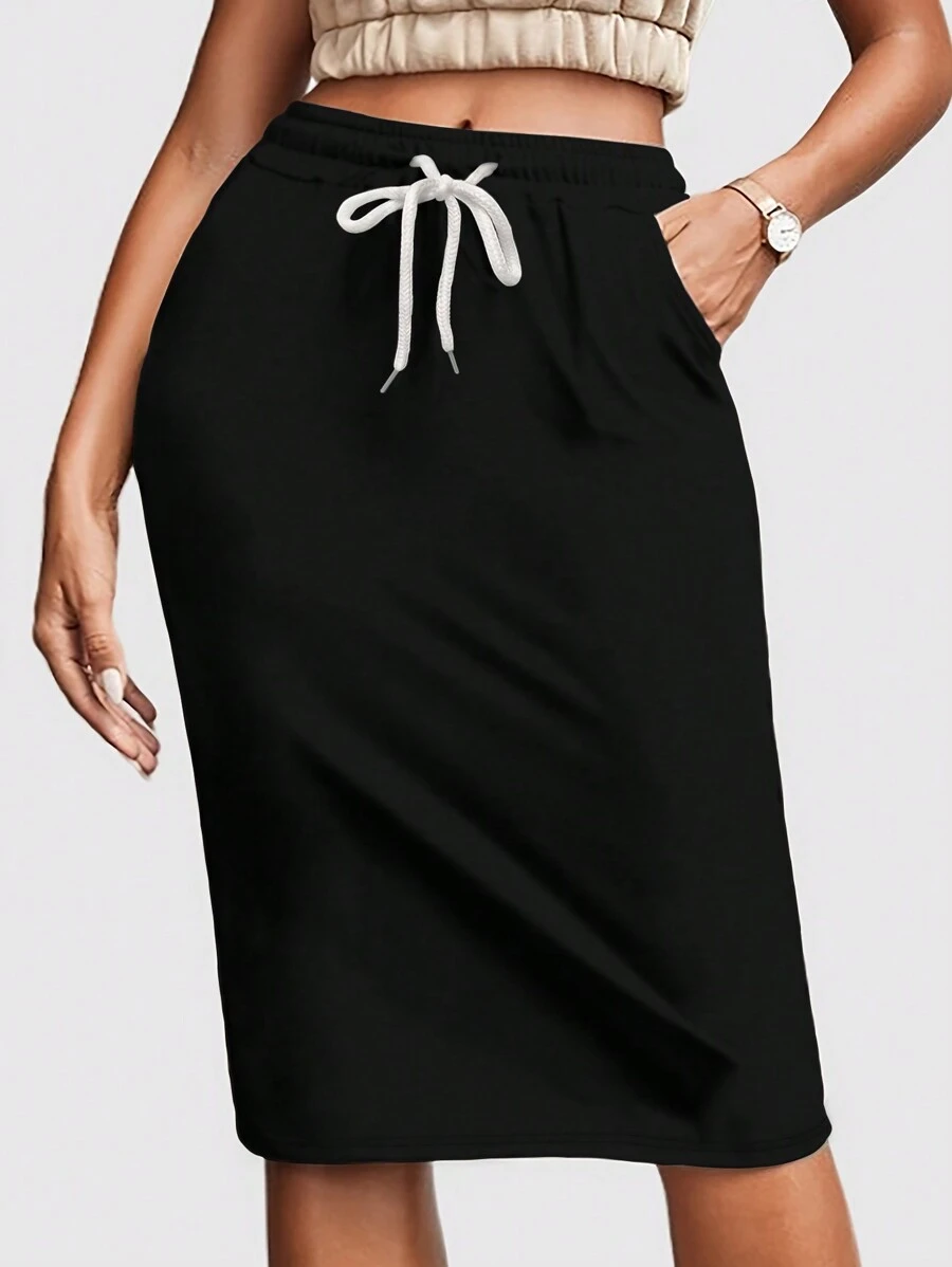 INAWLY Women's Casual Solid Color Drawstring Waist Bodycon Skirt, Summer - Black - View 1