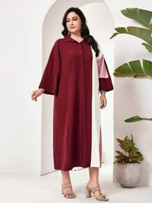 Mulvari Plus Size Vacation Leisure Colorblock Button-Front Shirt Dress - Red - View 4