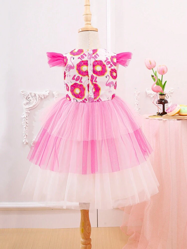 Young Girl Lovely Cartoon Mesh Layered Dress, Sweet Birthday Party Dress For Summer