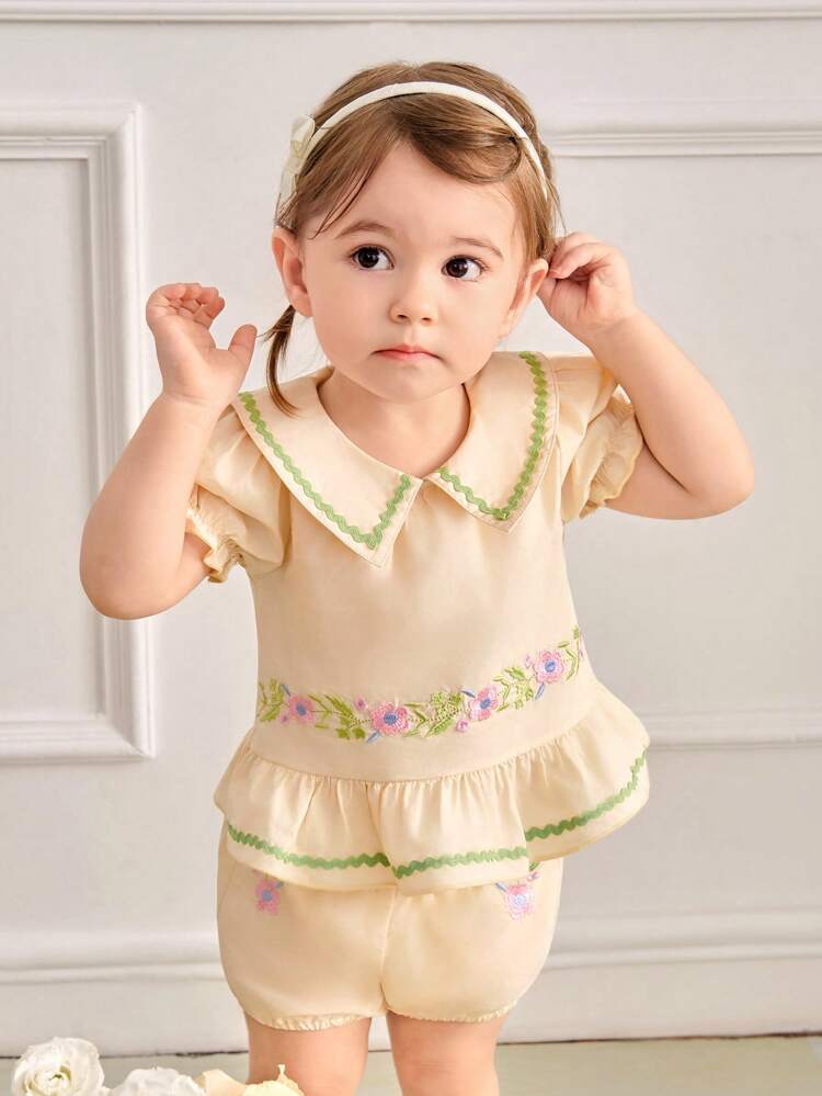 Baby Girl Summer New Simple Embroidery Puff Sleeve Top With Triangle Shorts Set And Headband