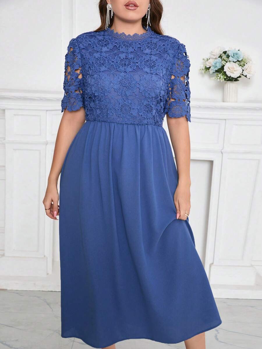 Modelyn Plus Size Solid Color Stand Collar Lace Splicing Elegant Short Sleeve Dress For Summer - Blue - View 1