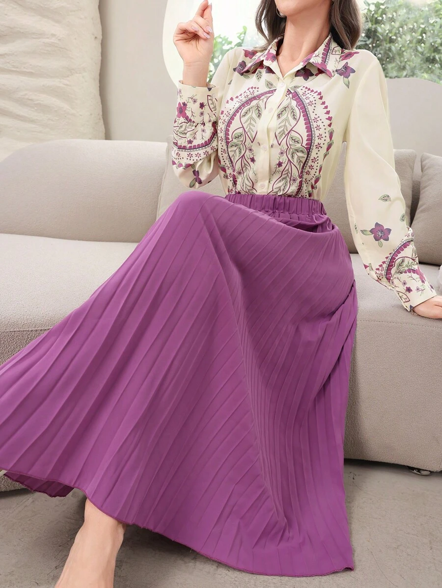 Modelyn 女士优雅植物印花长袖衬衫和褶皱中裙两件套，春夏两件套 - 中紫紅色 - 查看 1